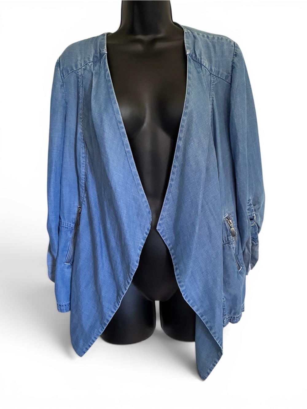 Chico's Light Blue Denim Chambray Open-Front Coastal Grandma Drape Jacket Sz 1